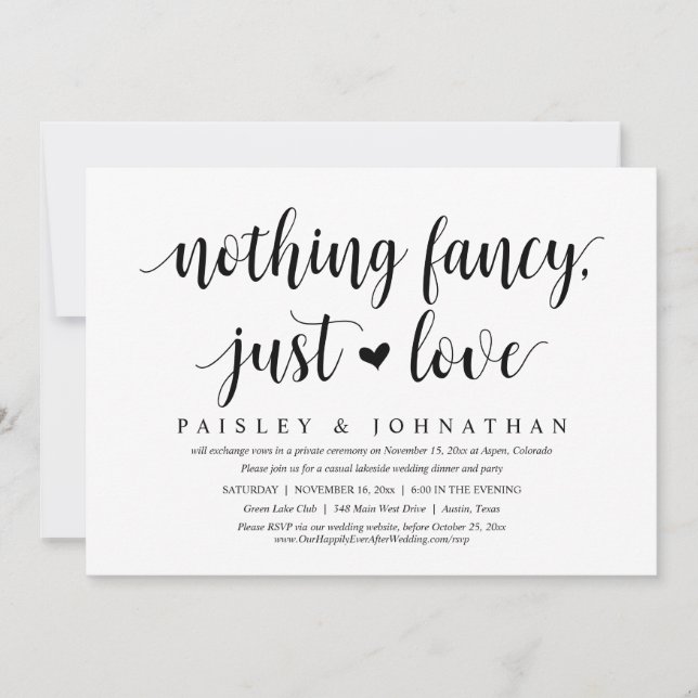 Invitación Nada Fancy, Sólo Amor, Fiesta Boda Elopement