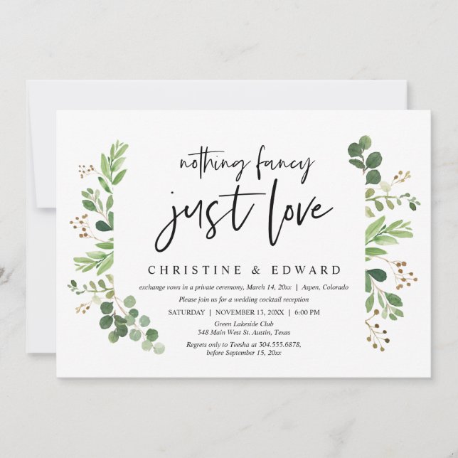 Invitación Nada Fancy, Sólo Amor, Fiesta Boda Elopement (Anverso)