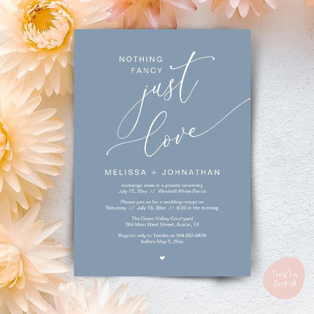 Invitación Nada Fancy, Sólo Amor, Fiesta De La Recepción De B (Nothing Fancy Just Love Wedding Reception Dinner Lunch Brunch Romantic Invites Card PDF Dusty Blue)