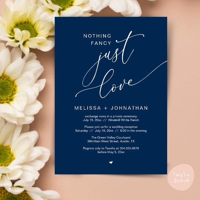 Invitación Nada Fancy, Sólo Amor, Fiesta De La Recepción De B (Nothing Fancy Just Love Wedding Reception Dinner Lunch Brunch Romantic Invites Card PDF Navy Blue)