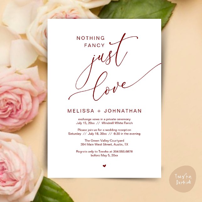 Invitación Nada Fancy, Sólo Amor, Fiesta De La Recepción De B (Nothing Fancy Just Love Wedding Reception Dinner Lunch Brunch Romantic Invites Card PDF Burgundy Red)