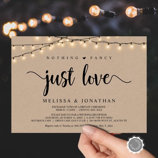 Invitación Nada Fancy, Sólo Amor, Las Cadenas Iluminan Elopem (Nothing Fancy, Just Love, Wedding Elopement Invitation Card, String Lights Brown Kraft, Downloadable)