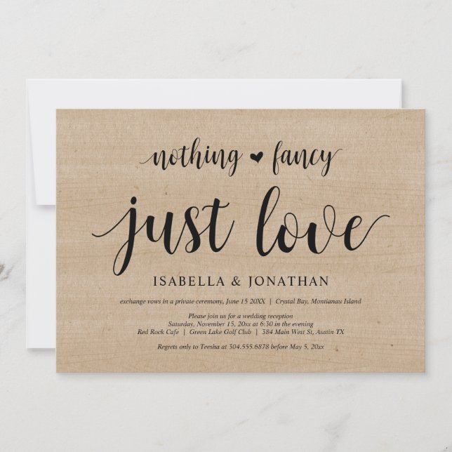 Invitación Nada Fancy, Sólo Amor, Madera, Elopement Boda (Anverso)