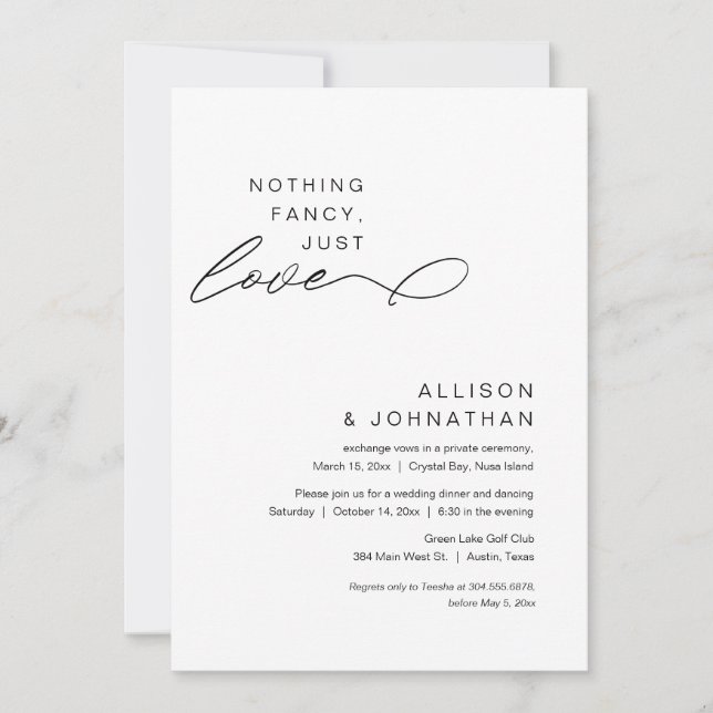 Invitación Nada Fancy, Sólo Amor, Moderno Boda Elopement (Anverso)