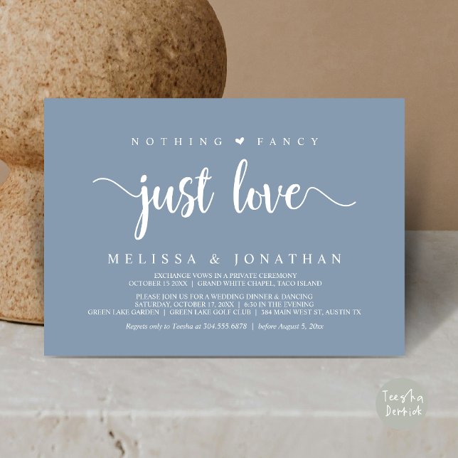 Invitación Nada Fancy Sólo Amor, Moderno Boda Elopement (Nothing Fancy Just Love, Modern Rustic Wedding Elopement Dinner Invitation Card, PDF, Dusty Blue)