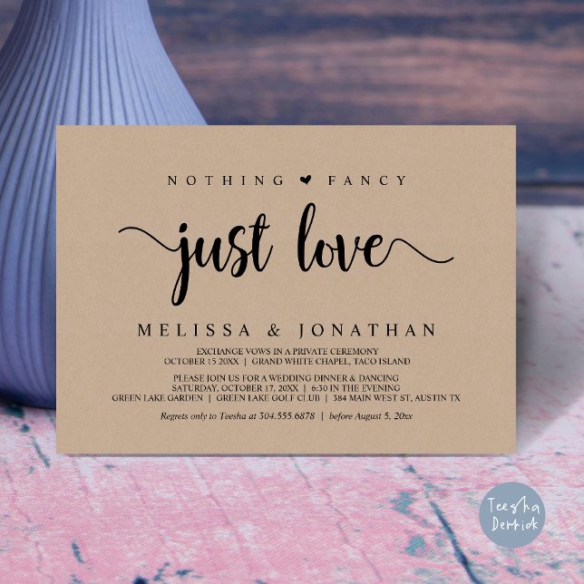 Invitación Nada Fancy Sólo Amor, Moderno Boda Elopement (Nothing Fancy Just Love, Modern Rustic Wedding Elopement Dinner Invitation Card, PDF, Brown Kraft)