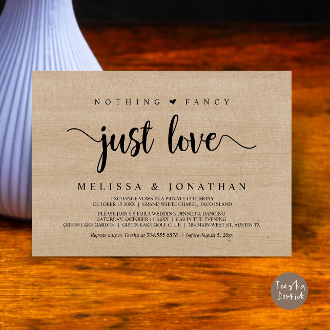 Invitación Nada Fancy Sólo Amor, Moderno Boda Elopement (Nothing Fancy Just Love, Modern Rustic Wedding Elopement Dinner Invitation Card, PDF, Wood Graphic)