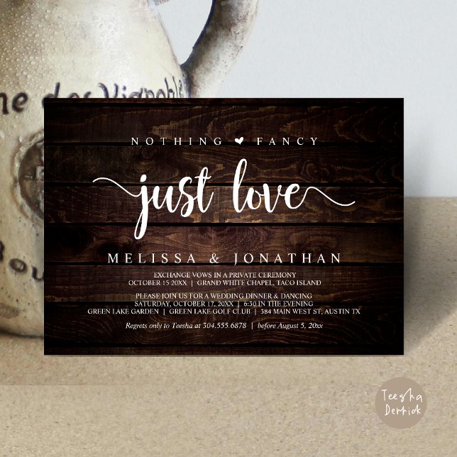 Invitación Nada Fancy Sólo Amor, Moderno Boda Elopement (Nothing Fancy Just Love, Modern Rustic Wedding Elopement Dinner Invitation Card, PDF, Wood Graphic)