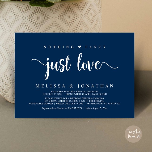Invitación Nada Fancy Sólo Amor, Moderno Boda Elopement (Nothing Fancy Just Love, Modern Rustic Wedding Elopement Dinner Invitation Card, PDF, Navy Blue)