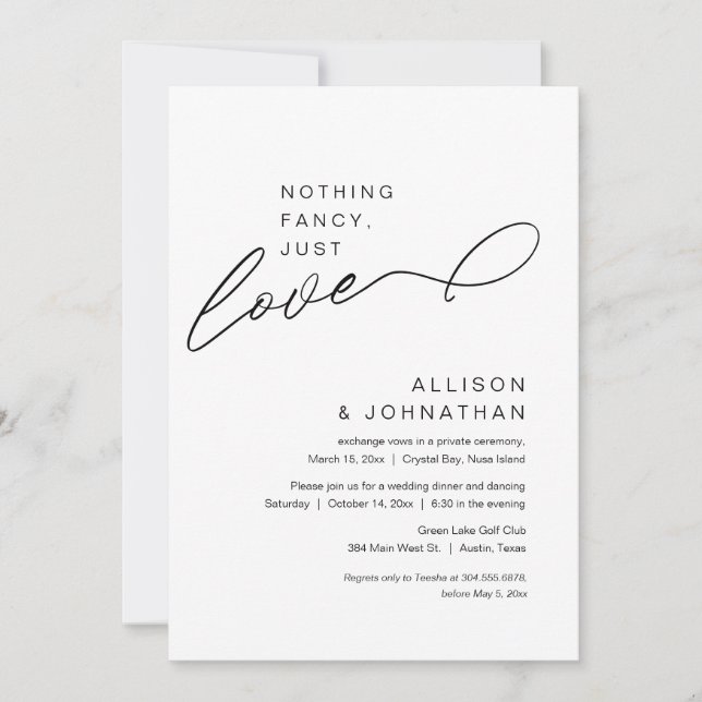 Invitación Nada Fancy, Sólo Amor, Moderno Boda Elopement (Anverso)