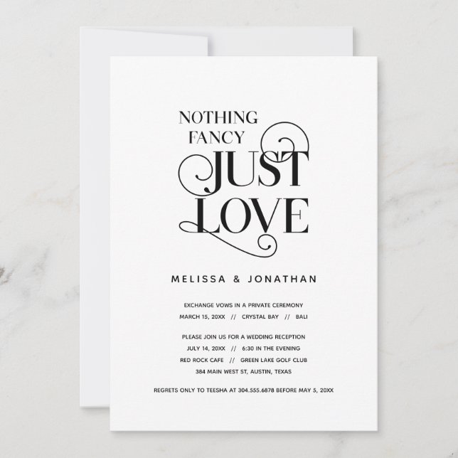 Invitación Nada Fancy, Sólo Amor, Negro Clásico, Elopement (Anverso)