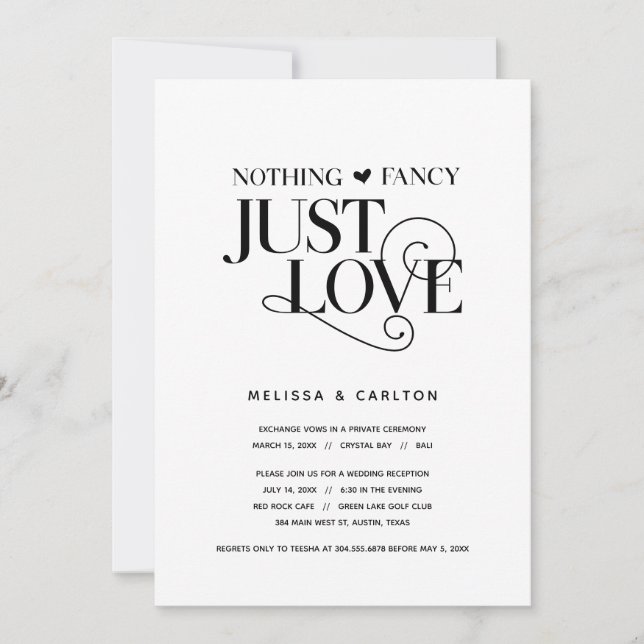 Invitación Nada Fancy, Sólo Amor, Negro Elegante, Elopement (Anverso)