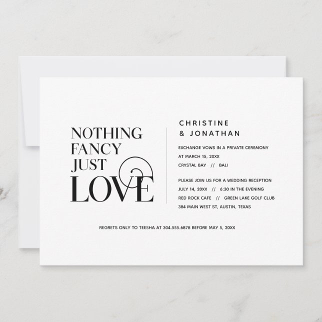 Invitación Nada Fancy, Sólo Amor, Negro Elegante, Elopement (Anverso)