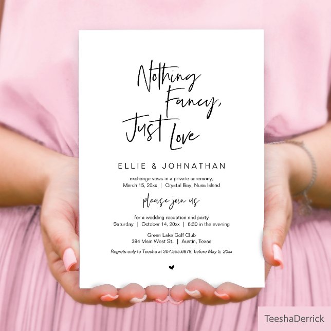 Invitación Nada Fancy Sólo Amor, Negro, Elopement Boda (Nothing Fancy, Just Love Wedding Elopement Invitation Card in Modern Casual Minimalist themed)
