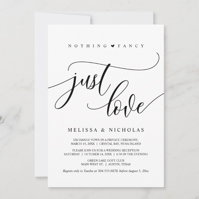 Invitación Nada Fancy, Sólo Amor, Negro, Elopement Boda (Anverso)