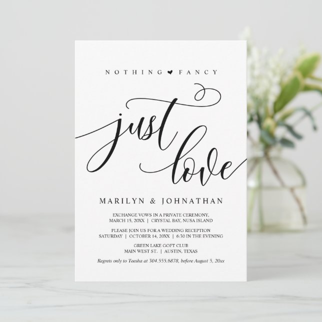 Invitación Nada Fancy, Sólo Amor, Negro, Elopement Boda (Anverso de pie)