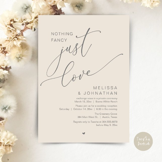 Invitación Nada Fancy, Solo Amor, Recepción De Bodas (Nothing Fancy, Just Love, Wedding Reception Dinner Party Brunch Lunch Invitation Card Cream Grey)