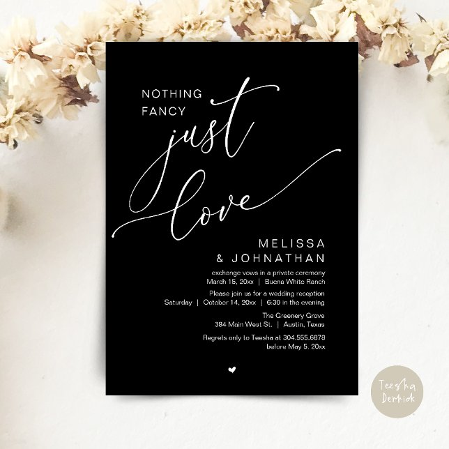 Invitación Nada Fancy, Solo Amor, Recepción De Bodas (Nothing Fancy, Just Love, Wedding Reception Dinner Party Brunch Lunch Invitation Card Classy Black)