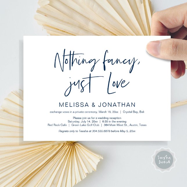 Invitación Nada Fncy, Sólo Amor, Fiesta de Elopement Boda (Nothing Fancy Just Love, Wedding Elopement Dinner Party Invitation Card, PDF, Modern, Navy Blue)