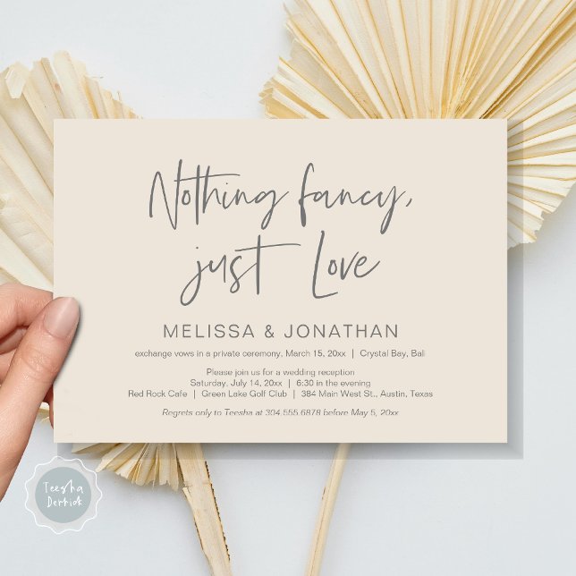 Invitación Nada Fncy, Sólo Amor, Fiesta de Elopement Boda (Nothing Fancy Just Love, Wedding Elopement Dinner Party Invitation Card, PDF,, Dark Grey Cream)