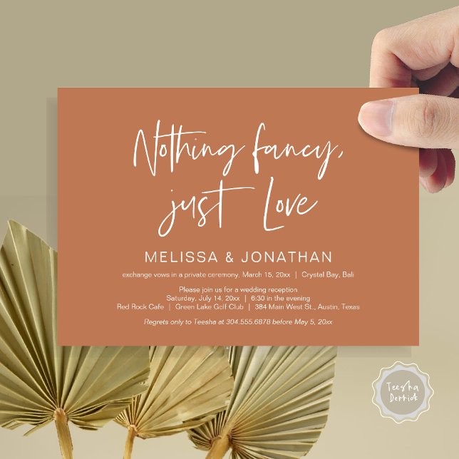 Invitación Nada Fncy, Sólo Amor, Fiesta de Elopement Boda (Nothing Fancy Just Love, Wedding Elopement Dinner Party Invitation Card, PDF, Earthy, Copper, Rust)