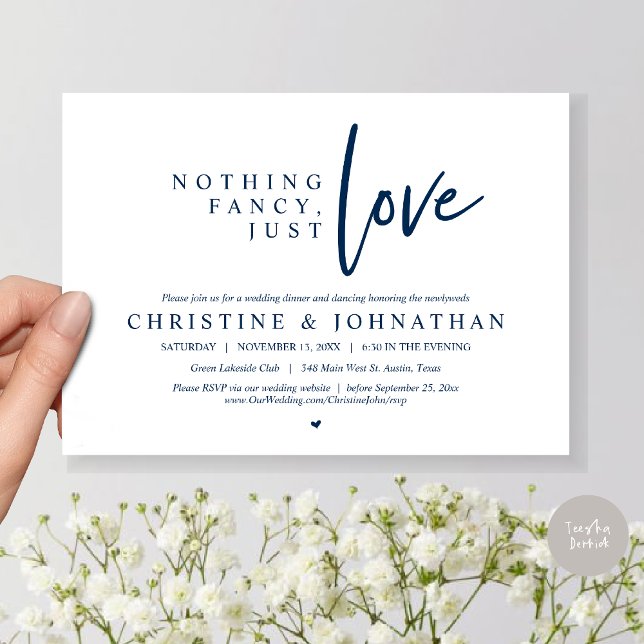 Invitación Nada Lujoso, Solo Amor, Cena de Boda Intima (Nothing Fancy, Just Love, Wedding Elopement Dinner Invitation Card, PDF, in Navy Blue)