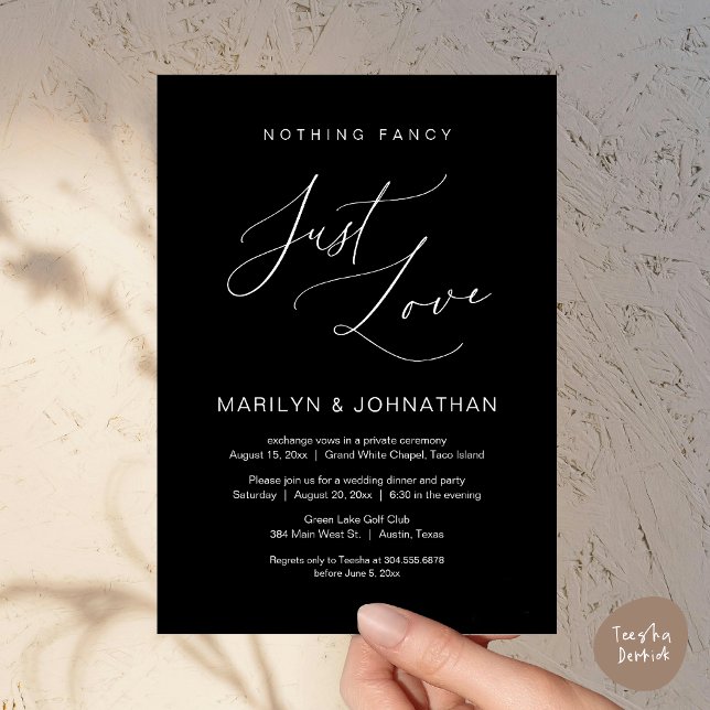 Invitación Nada Lujoso, Solo Amor, Cena de Boda Intima (Nothing Fancy, Just Love, Wedding Elopement Dinner Brunch Lunch Party Invites Card PDF, Black White)