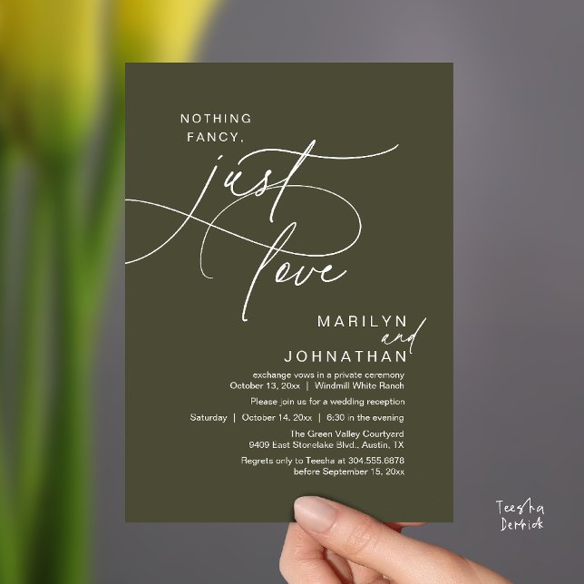 Invitación Nada Lujoso, Solo Amor, Cena Romántica de Boda (Nothing Fancy, Just Love, Modern Romantic Wedding Reception Dinner Invitation Card in Olive Green)