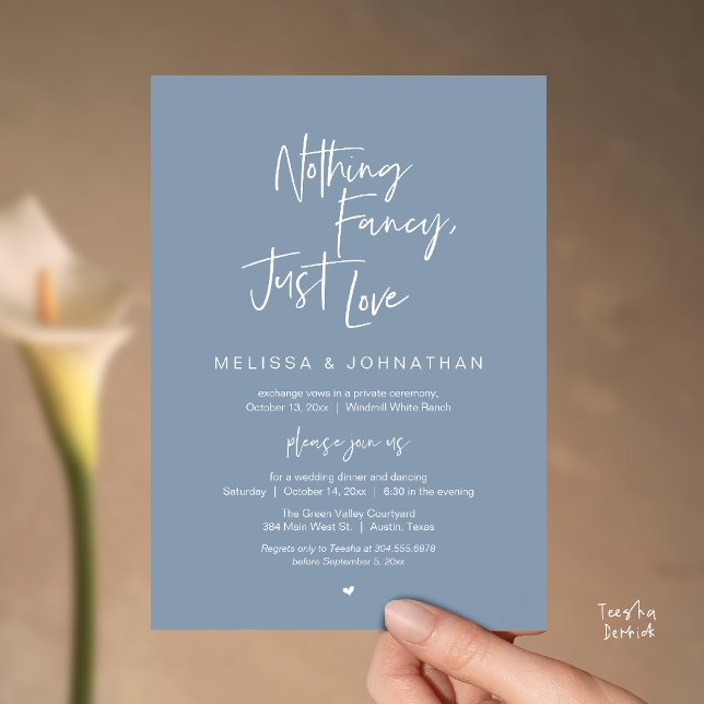 Invitación Nada Lujoso Solo Amor, Recepción de Boda Moderna (Nothing Fancy Just Love, Modern Wedding Reception Dinner Lunch Brunch Invites Card in Dusty Blue)