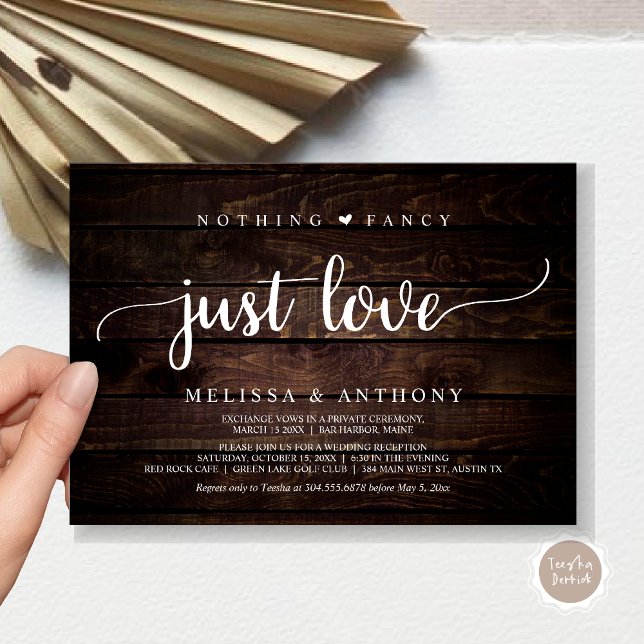 Invitación Nada Más Fantástico Que Amor, Elopement, Rústico B (Nothing Fancy Just Love, Elopement, Rustic Script Wedding Invitation Card, in Dark Brown Wood)