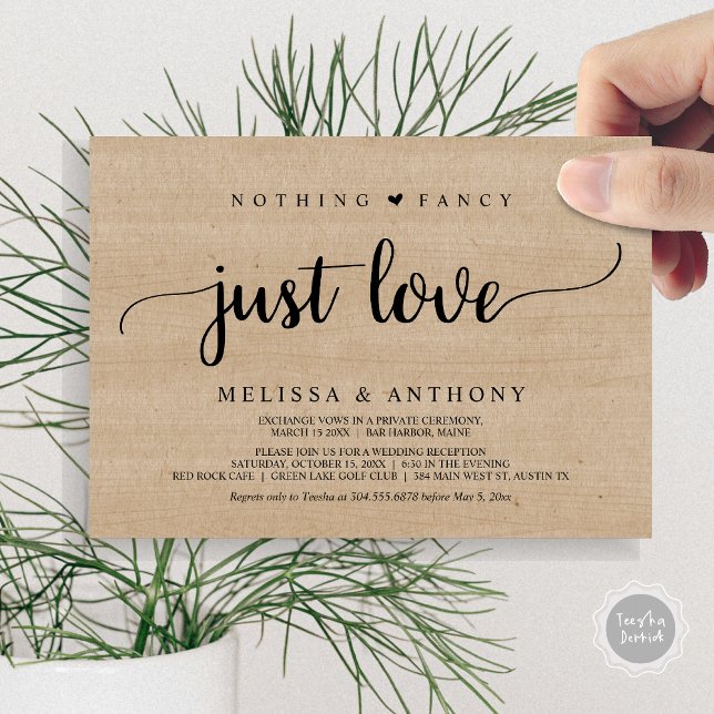 Invitación Nada Más Fantástico Que Amor, Elopement, Rústico B (Nothing Fancy Just Love, Elopement, Rustic Script Wedding Invitation Card, in Brown Wood)