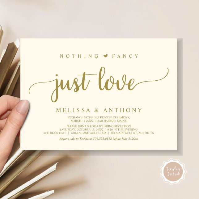 Invitación Nada Más Fantástico Que Amor, Elopement, Rústico B (Nothing Fancy Just Love, Elopement, Rustic Script Wedding Invitation Card, in Classy Gold)