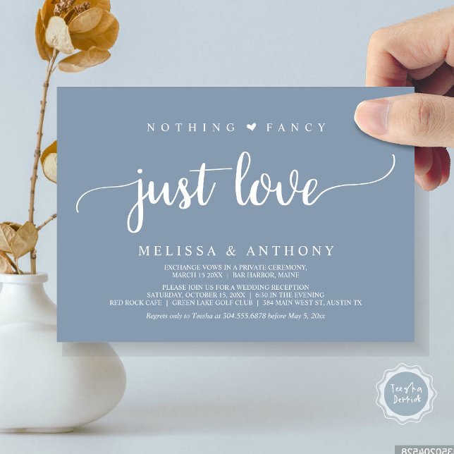 Invitación Nada Más Fantástico Que Amor, Elopement, Rústico B (Nothing Fancy Just Love, Elopement, Rustic Script Wedding Invitation Card, in Dusty Blue)