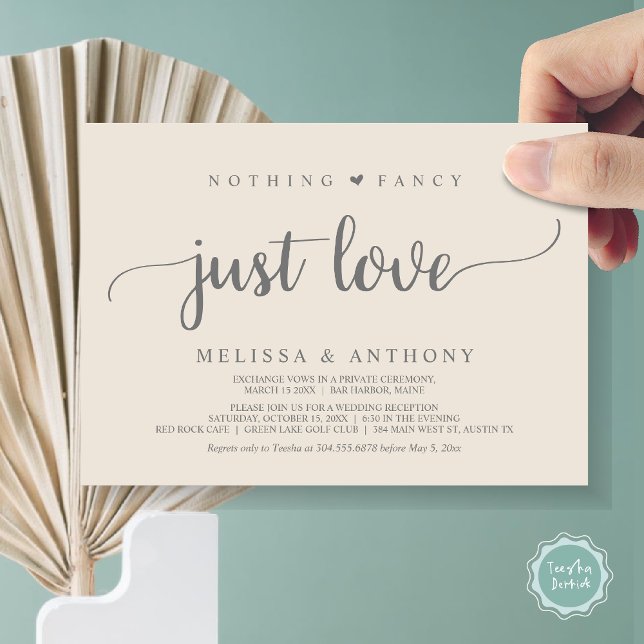 Invitación Nada Más Fantástico Que Amor, Elopement, Rústico B (Nothing Fancy Just Love, Elopement, Rustic Script Wedding Invitation Card, in Grey Cream)