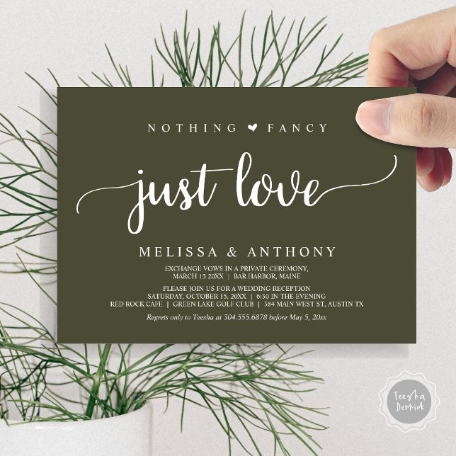 Invitación Nada Más Fantástico Que Amor, Elopement, Rústico B (Nothing Fancy Just Love, Elopement, Rustic Script Wedding Invitation Card, in Olive Green)