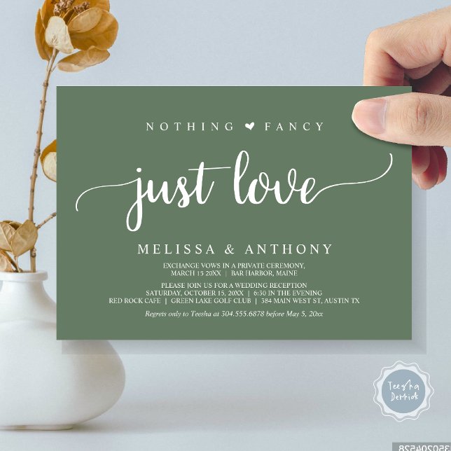 Invitación Nada Más Fantástico Que Amor, Elopement, Rústico B (Nothing Fancy Just Love, Elopement, Rustic Script Wedding Invitation Card, in Forest Sage Green)