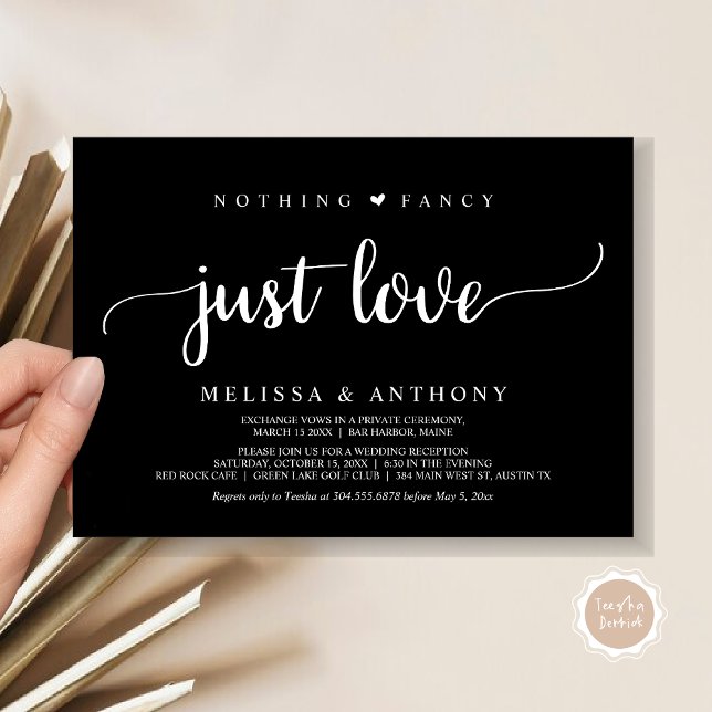 Invitación Nada Más Fantástico Que Amor, Elopement, Rústico B (Nothing Fancy Just Love, Elopement, Rustic Script Wedding Invitation Card, in Classy Black)