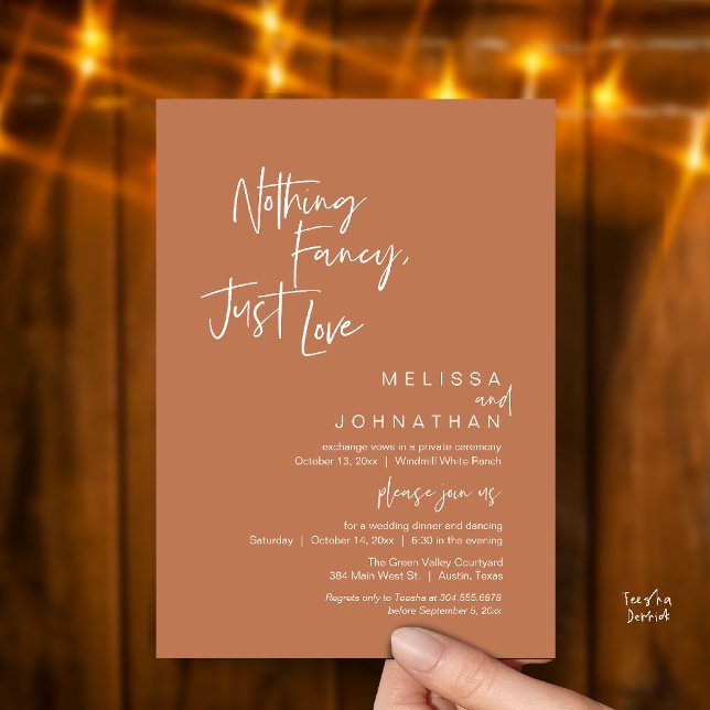 Invitación Nada sofisticado solo amor, Cena de Boda Moderna (Nothing Fancy Just Love, Modern Wedding Reception Dinner Lunch Brunch Invites Card in Copper Brown)