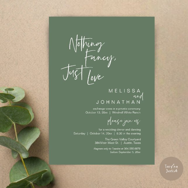 Invitación Nada sofisticado solo amor, Cena moderna de boda (Nothing Fancy Just Love, Modern Wedding Reception Dinner Lunch Brunch Invites Card in Sage Green)