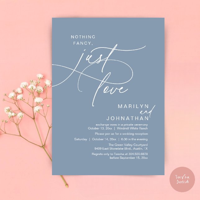 Invitación Nada sofisticado, solo amor, cena romántica de bod (Nothing Fancy, Just Love, Modern Romantic Wedding Reception Dinner Invitation Card in Dusty Blue)