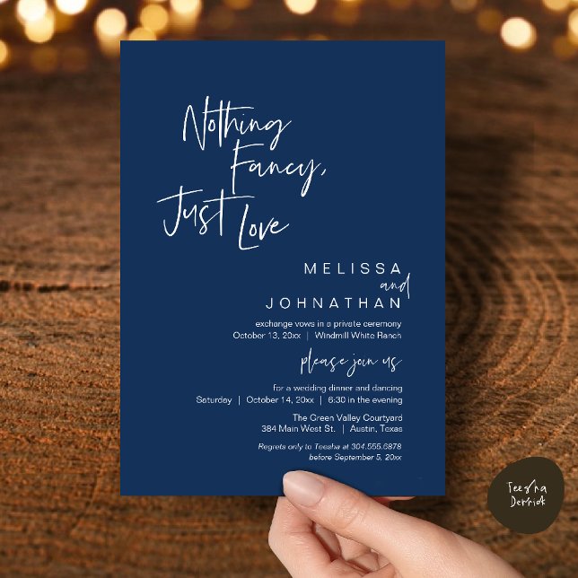 Invitación Nada sofisticado solo amor, Recepción de Boda Mode (Nothing Fancy Just Love, Modern Wedding Reception Dinner Lunch Brunch Invites Card Navy Blue)