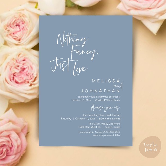 Invitación Nada sofisticado solo amor, Recepción de Boda Mode (Nothing Fancy Just Love, Modern Wedding Reception Dinner Lunch Brunch Invites Card in Dusty Blue)