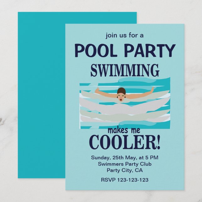 Invitación Nadar Me Hace Más Guay Fiesta en la Piscina (Anverso / Reverso)