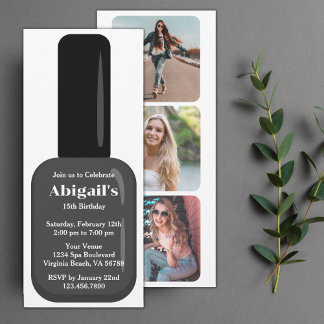 Invitación Nail polaco moderno moderno negro y blanco cumplea