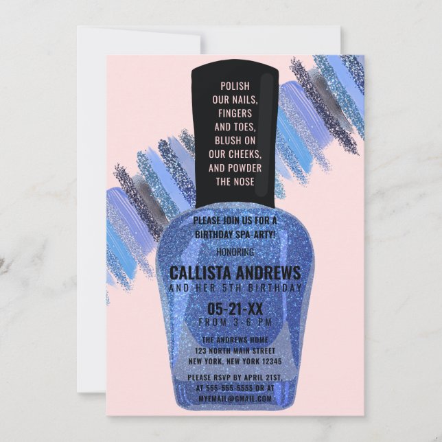 Invitación Nail Purpurina rosa azul Día de Spa Polaco Cumplea (Anverso)