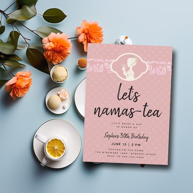 Invitación Namas-tea Graciosa Moda Cute Fiesta de té 30 cumpl (tea party birthday invitation 30th women namaste yoga joke funny humorous cute pink elegant classy)