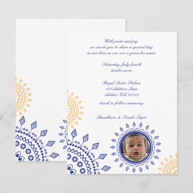 Invitación Namkaran azul y bebé amarillo que nombra (Anverso / Reverso)
