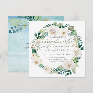 Invitación Nana de hoja azul Baby Shower azul y blanca