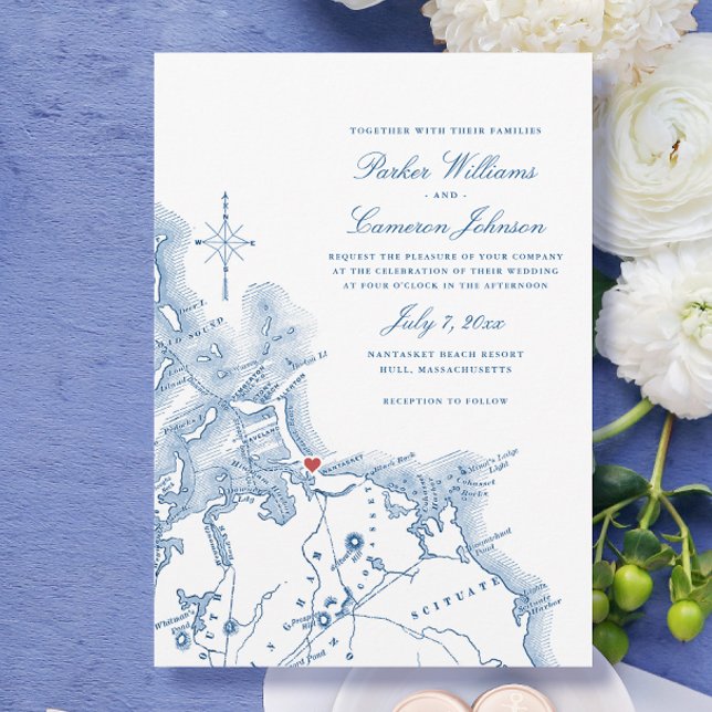 Invitación Nantasket Beach Resort Map Elegant Navy Boda (Nantasket Beach Resort Hull MA Wedding Invitation with elegant navy blue South Shore map)
