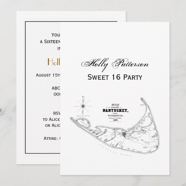 Invitación Nantucket Island MAMÁES Mapa de Vintage Negro (Anverso / Reverso)